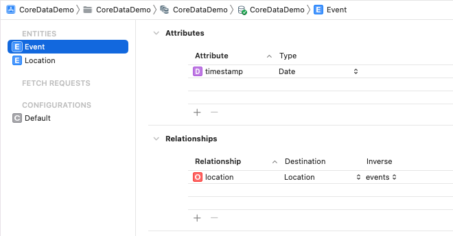 Core Data model editor showing two entities in table style