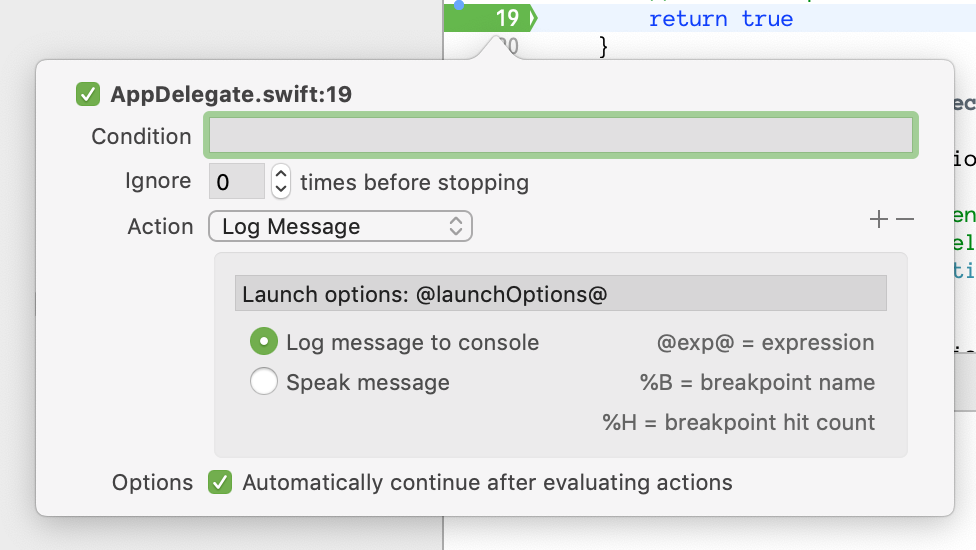 Xcode breakpoint action